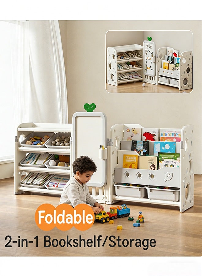 بيوينتي رف تخزين ألعاب الأطفال، منظم تخزين كتب ألعاب الأطفال مع 8 صناديق بلاستيكية، 4 أرفف كتب ورف واحد، مناسب لغرفة اللعب وغرفة النوم وغرفة الأطفال - Image 1